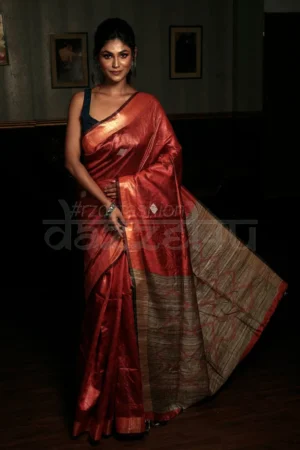 Brick Red Bhagalpur Handloom on Tussar Gicha saree