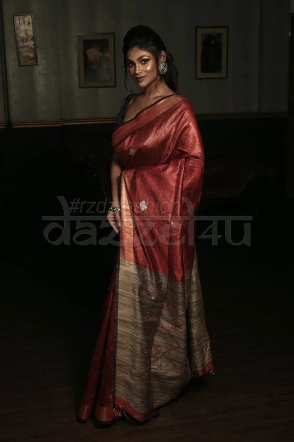 Brick Red Bhagalpur Handloom on Tussar Gicha saree