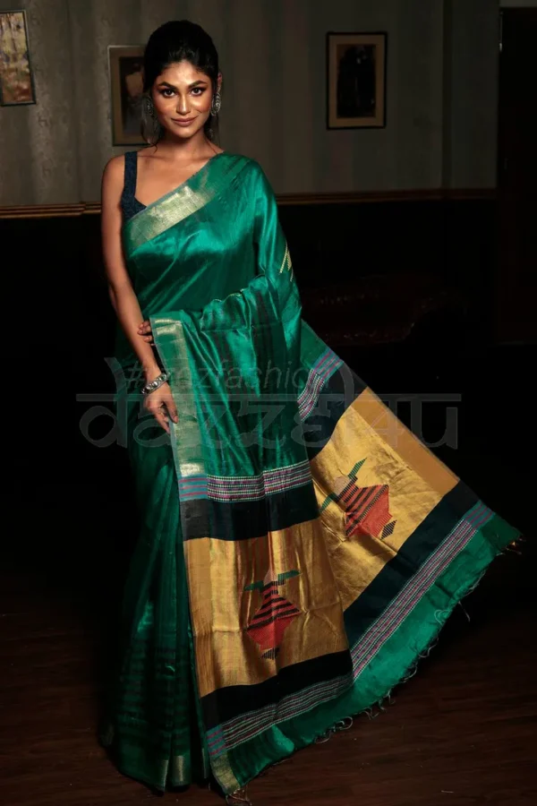 Green on Golden Zari border Bhagalpur Handloom on Tussar Gicha saree