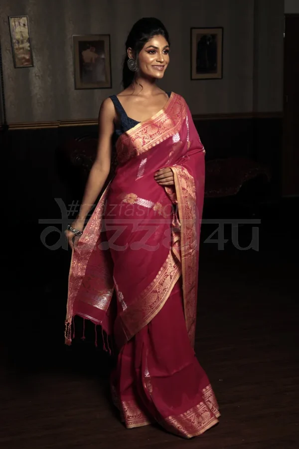 Rose Red and Golden zari border on Pure Cotton silk Benarasi saree