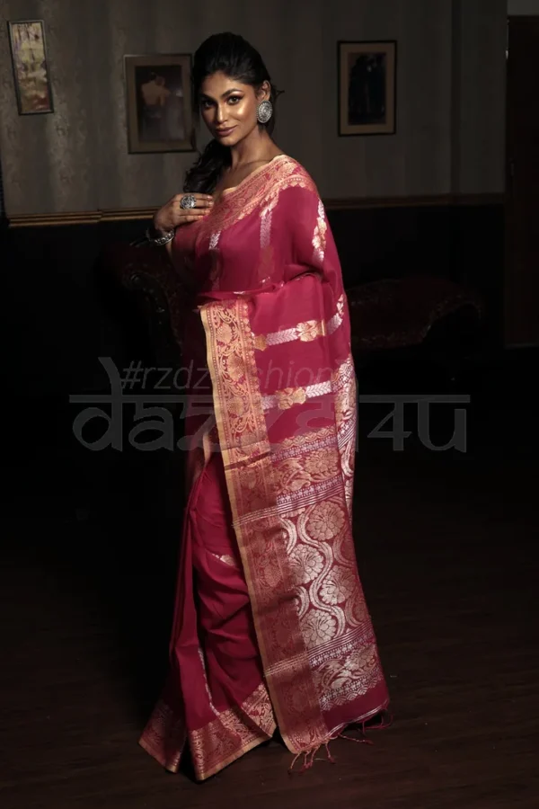 Rose Red and Golden zari border on Pure Cotton silk Benarasi saree