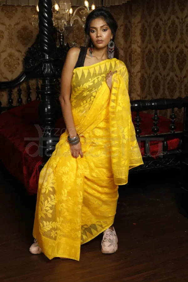 Yellow self work Handloom Silk Dhakai Jamdani Saree