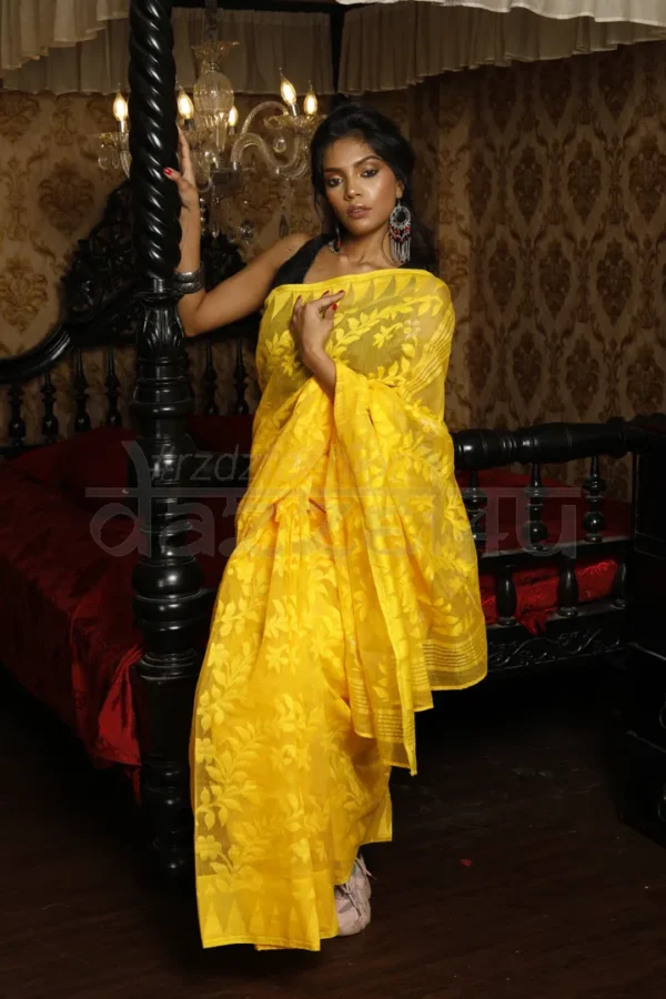 Yellow self work Handloom Silk Dhakai Jamdani Saree