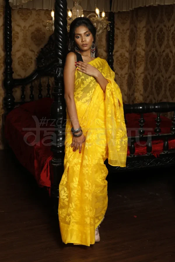 Yellow self work Handloom Silk Dhakai Jamdani Saree