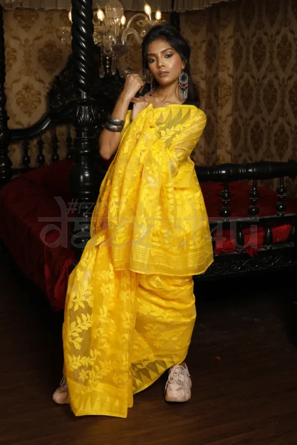 Yellow self work Handloom Silk Dhakai Jamdani Saree