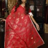 White & Red on self work Traditional jamdani Saree