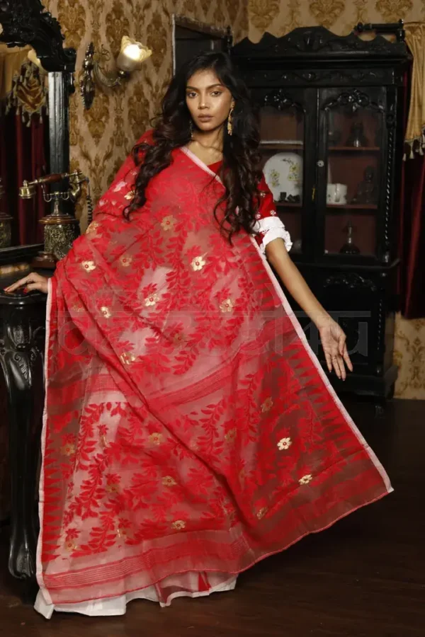 White & Red on self work Traditional jamdani Saree
