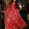 White & Red on self work Traditional jamdani Saree