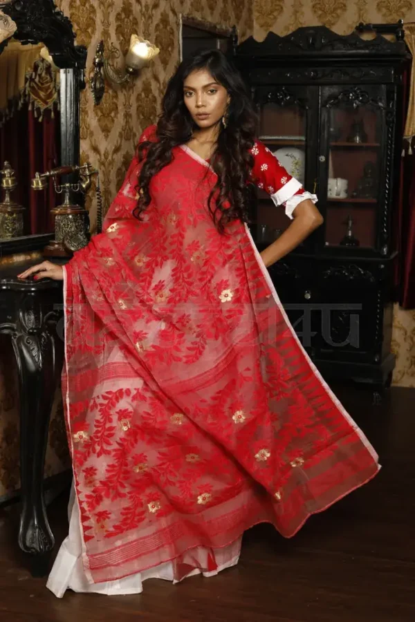White & Red on self work Traditional jamdani Saree