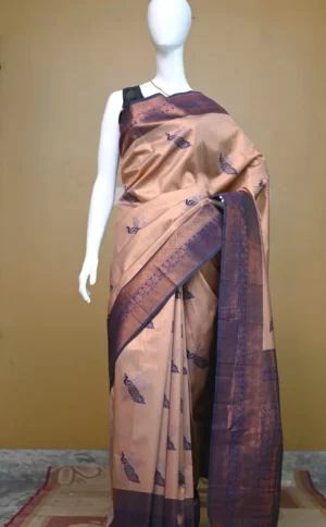 Copper color with blue border kanjivaram work on Satin Silk Saree