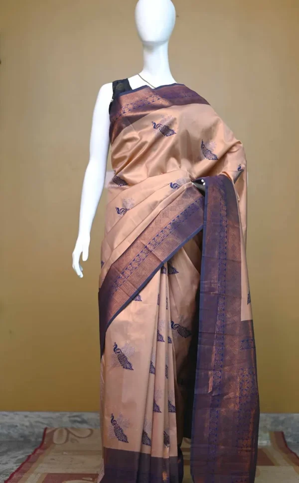 Copper color with blue border kanjivaram work on Satin Silk Saree