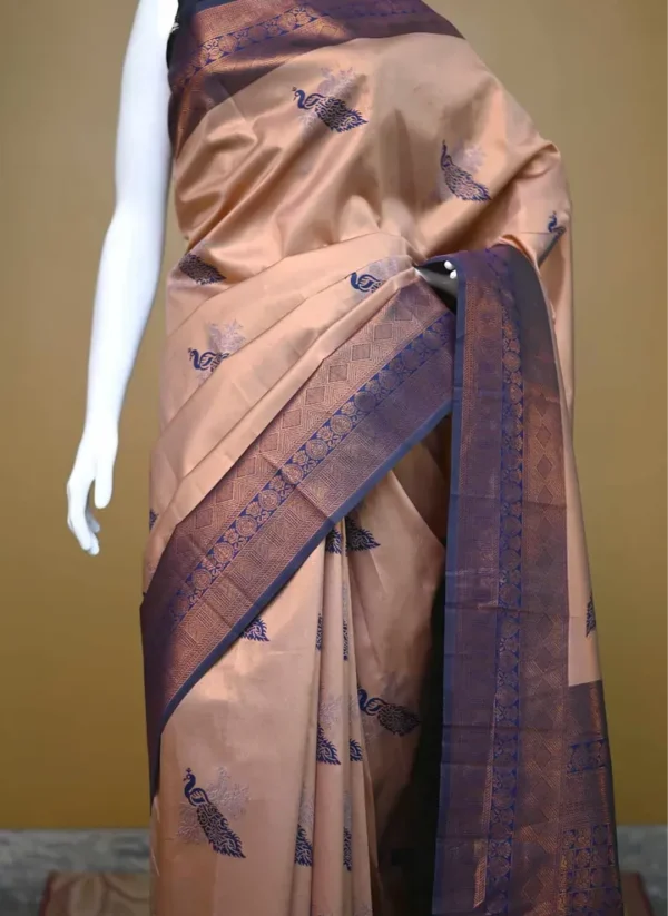 Copper color with blue border kanjivaram work on Satin Silk Saree