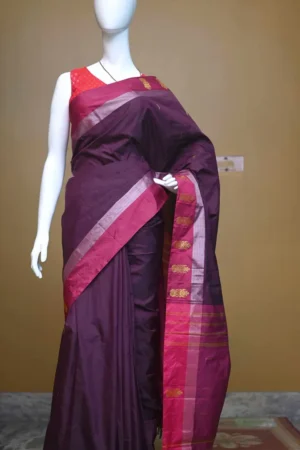 Chocolate color with maroon border kanjivaram work on Satin Silk Saree