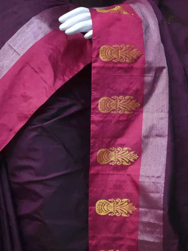 Chocolate color with maroon border kanjivaram work on Satin Silk Saree