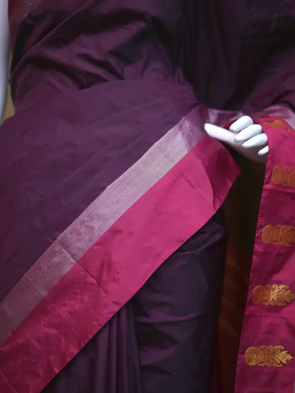 Chocolate color with maroon border kanjivaram work on Satin Silk Saree