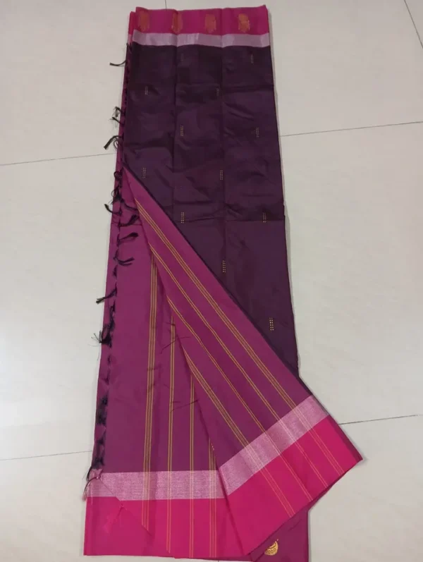 Chocolate color with maroon border kanjivaram work on Satin Silk Saree