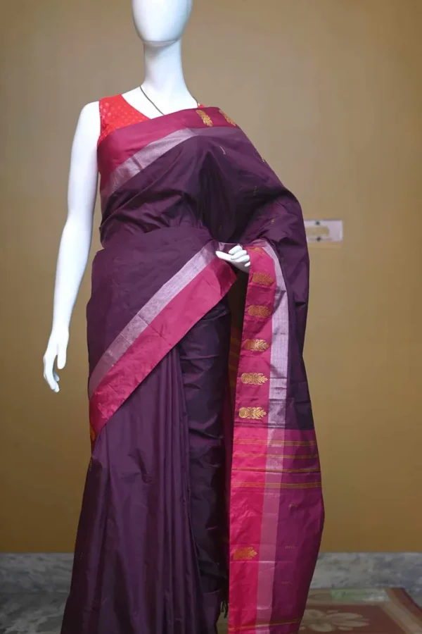 Chocolate color with maroon border kanjivaram work on Satin Silk Saree