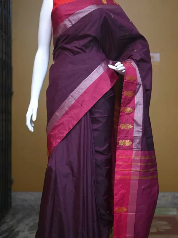 Chocolate color with maroon border kanjivaram work on Satin Silk Saree