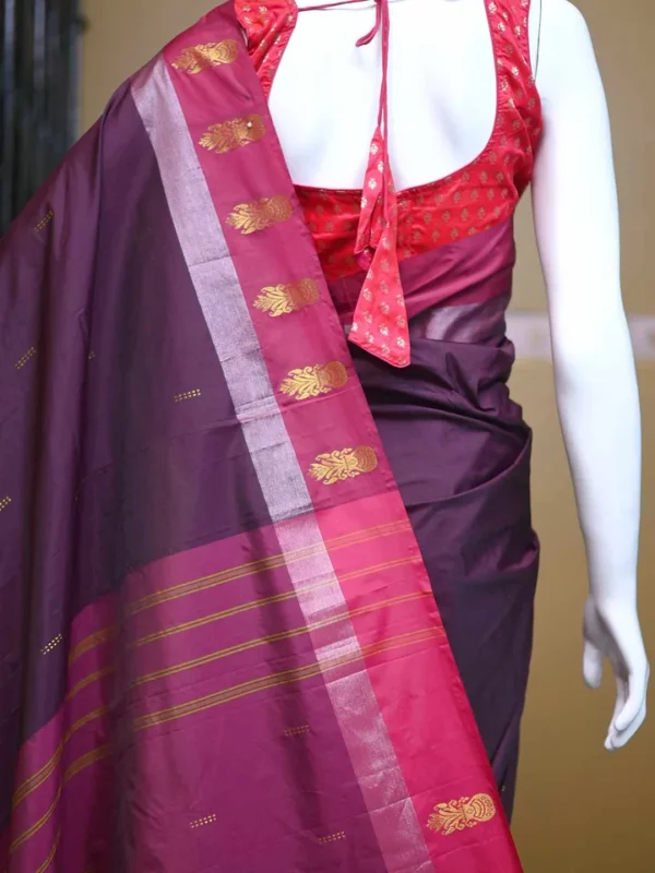 Chocolate color with maroon border kanjivaram work on Satin Silk Saree