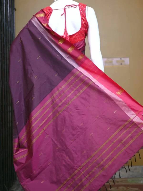 Chocolate color with maroon border kanjivaram work on Satin Silk Saree