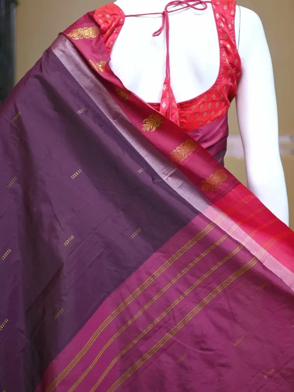 Chocolate color with maroon border kanjivaram work on Satin Silk Saree