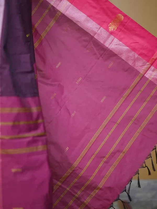 Chocolate color with maroon border kanjivaram work on Satin Silk Saree