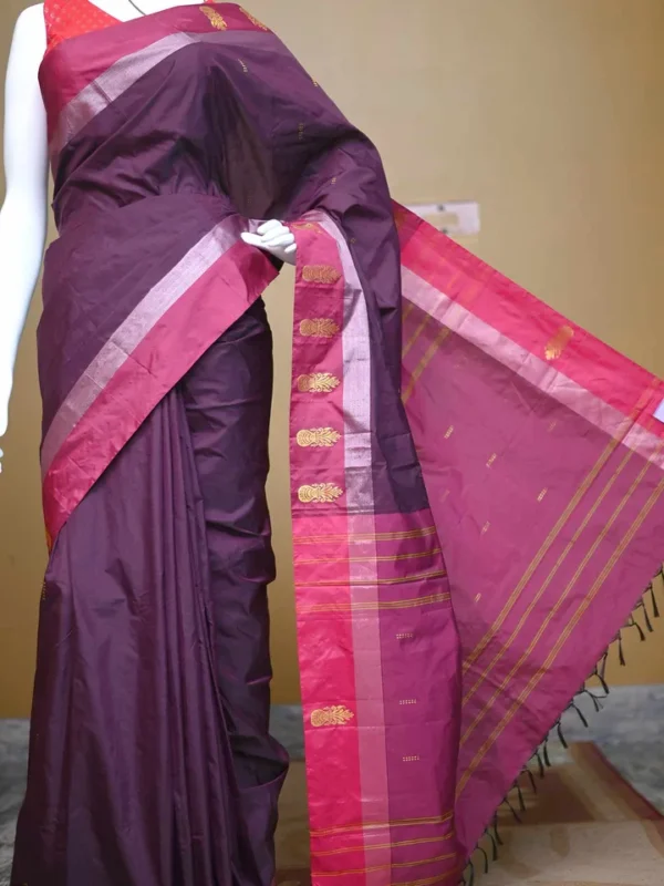 Chocolate color with maroon border kanjivaram work on Satin Silk Saree