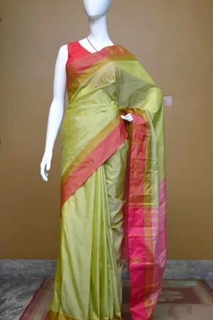 Light green color with red border kanjivaram work on Satin Silk Saree