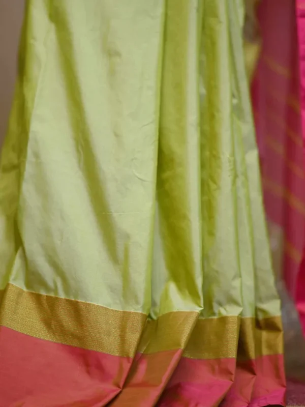 Light green color with red border kanjivaram work on Satin Silk Saree