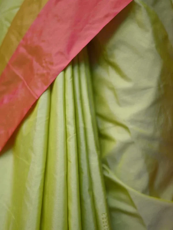 Light green color with red border kanjivaram work on Satin Silk Saree