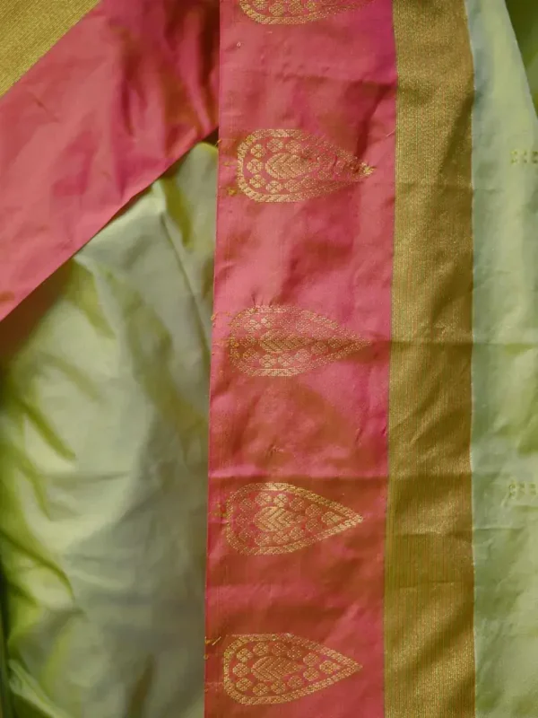 Light green color with red border kanjivaram work on Satin Silk Saree