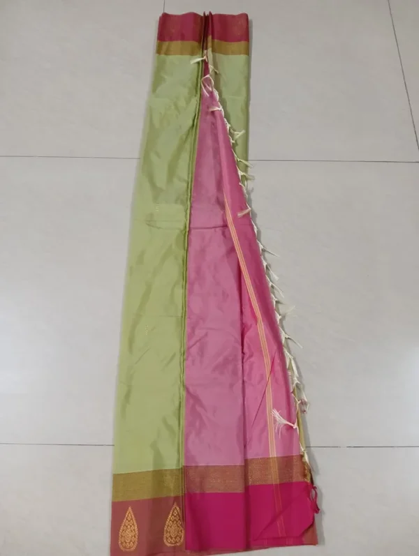 Light green color with red border kanjivaram work on Satin Silk Saree