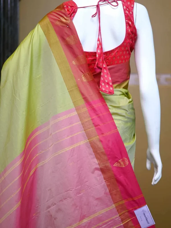 Light green color with red border kanjivaram work on Satin Silk Saree