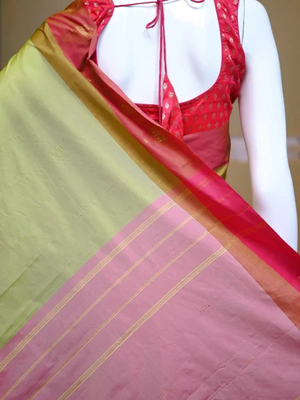 Light green color with red border kanjivaram work on Satin Silk Saree