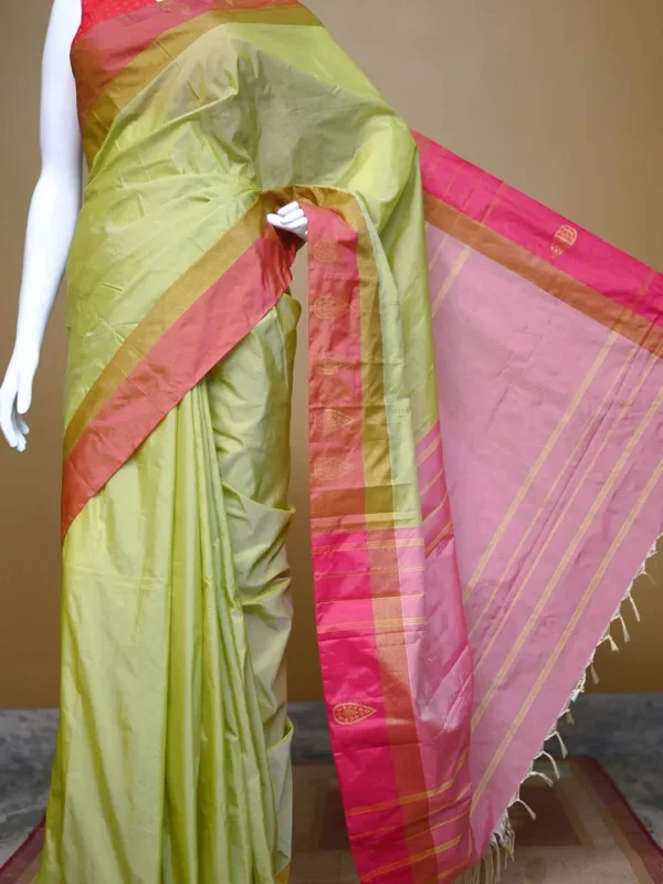 Light green color with red border kanjivaram work on Satin Silk Saree