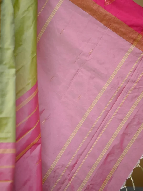 Light green color with red border kanjivaram work on Satin Silk Saree