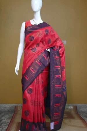Red color with blue border kanjivaram work on Satin Silk Saree