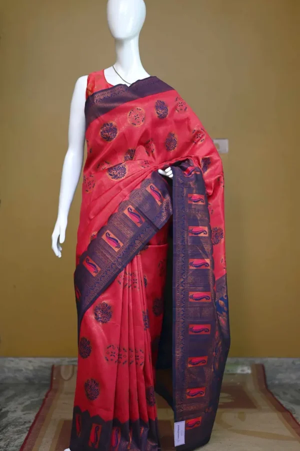 Red color with blue border kanjivaram work on Satin Silk Saree
