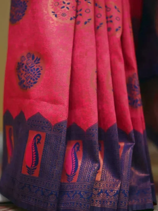 Red color with blue border kanjivaram work on Satin Silk Saree