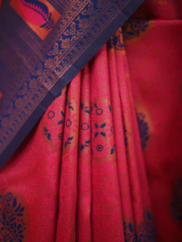 Red color with blue border kanjivaram work on Satin Silk Saree