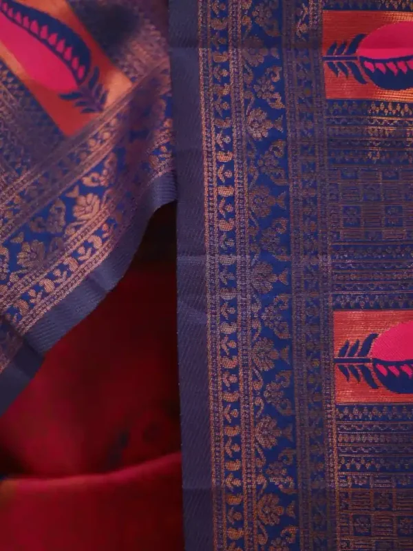 Red color with blue border kanjivaram work on Satin Silk Saree