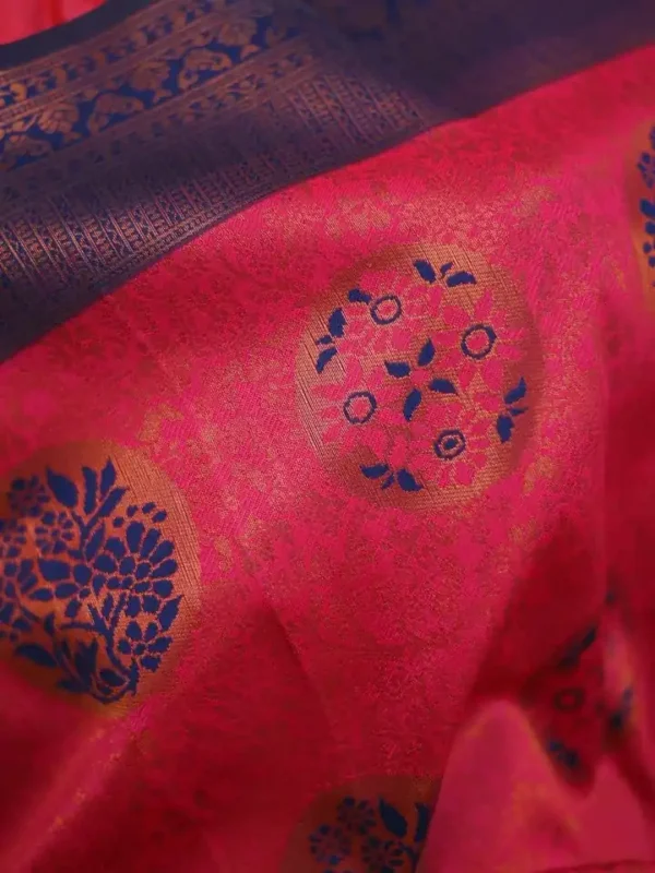 Red color with blue border kanjivaram work on Satin Silk Saree
