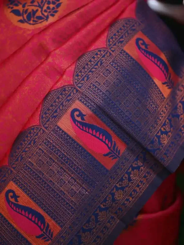 Red color with blue border kanjivaram work on Satin Silk Saree