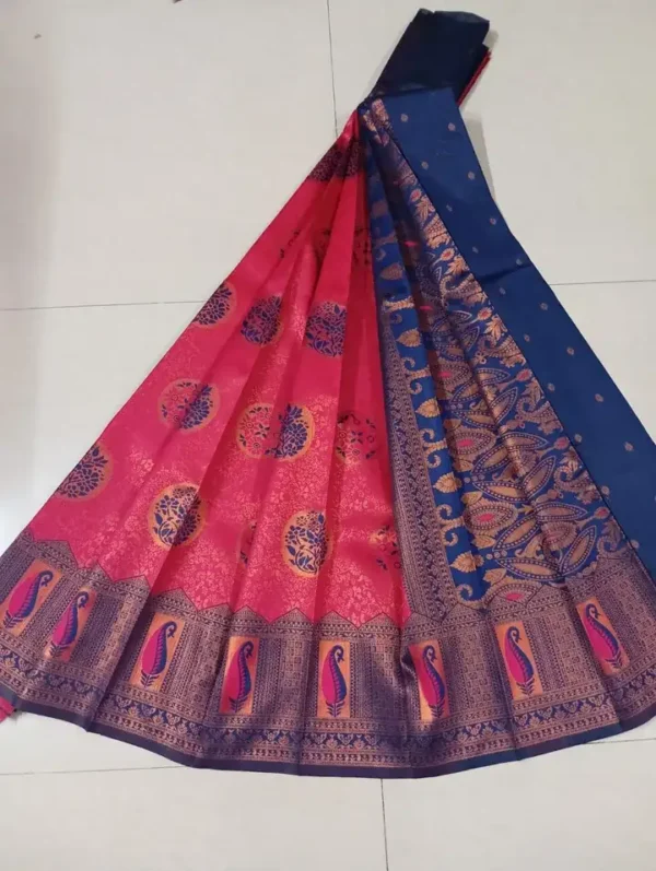 Red color with blue border kanjivaram work on Satin Silk Saree