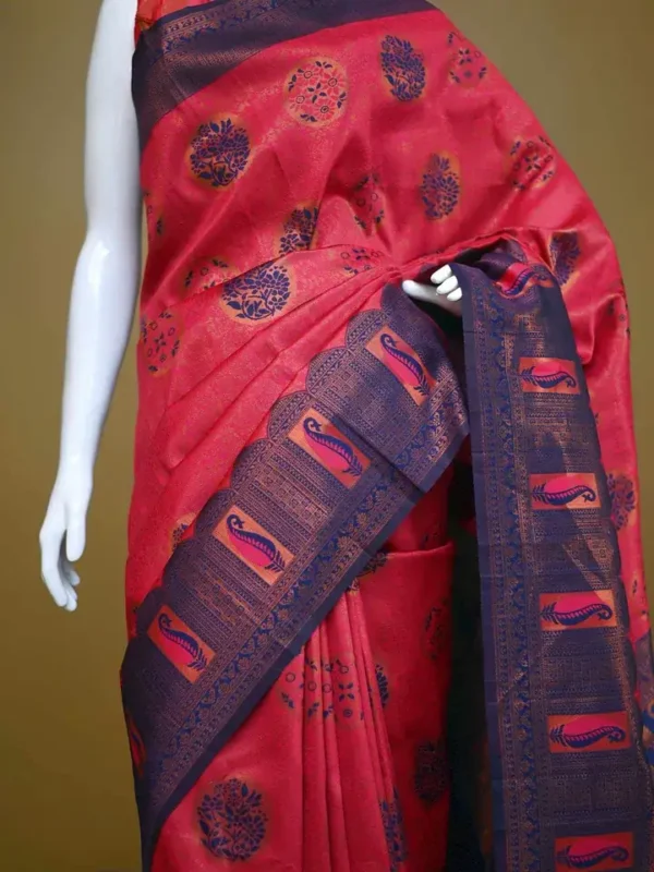 Red color with blue border kanjivaram work on Satin Silk Saree