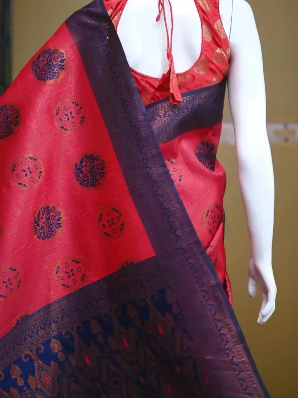 Red color with blue border kanjivaram work on Satin Silk Saree