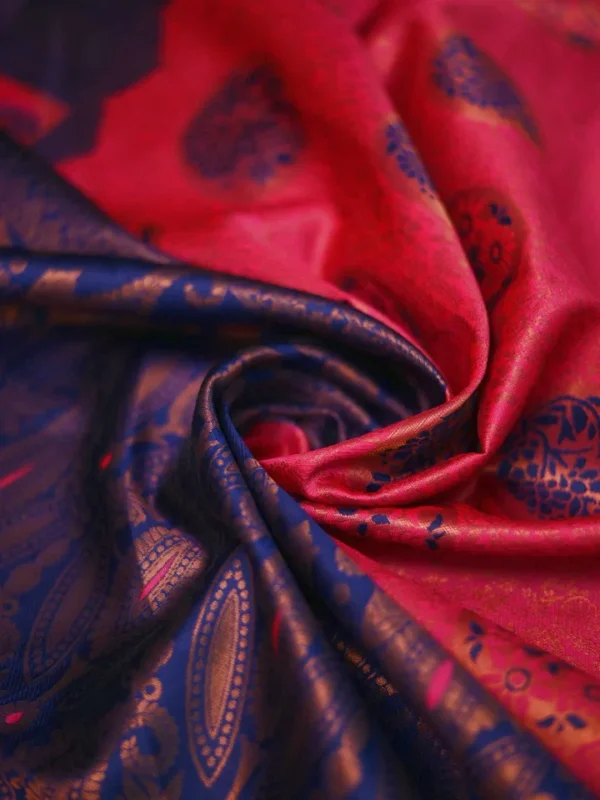 Red color with blue border kanjivaram work on Satin Silk Saree