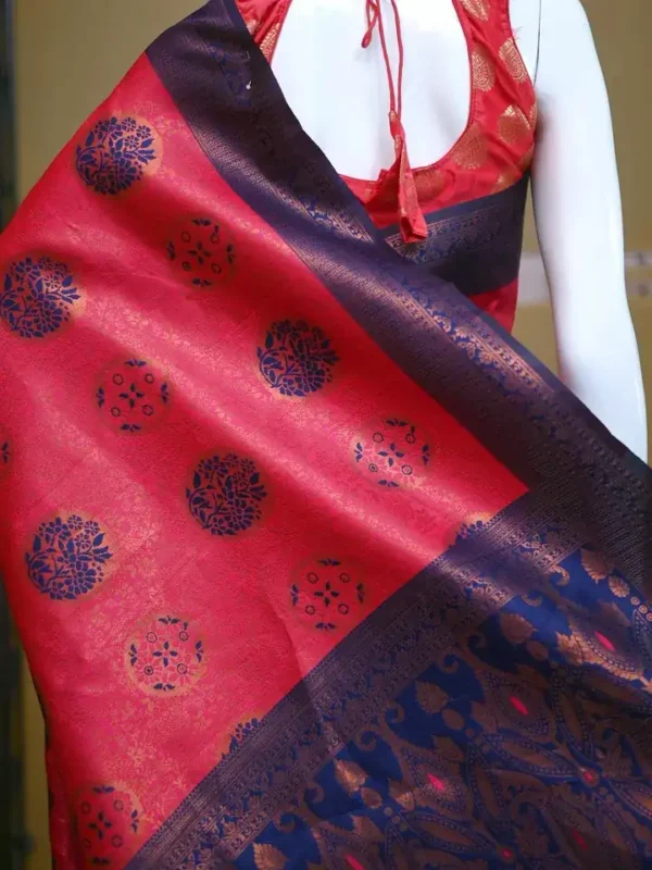 Red color with blue border kanjivaram work on Satin Silk Saree