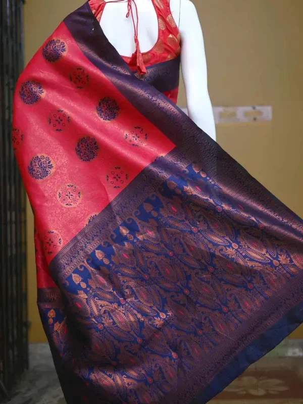 Red color with blue border kanjivaram work on Satin Silk Saree