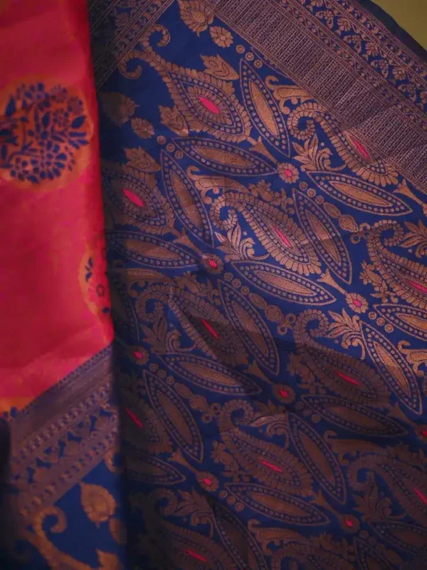 Red color with blue border kanjivaram work on Satin Silk Saree